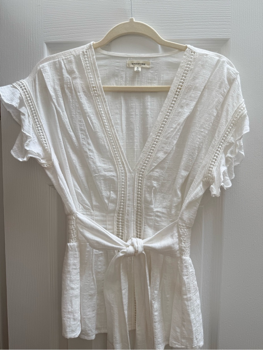 Max Studio White Tie-Front Cotton Peasant Blouse